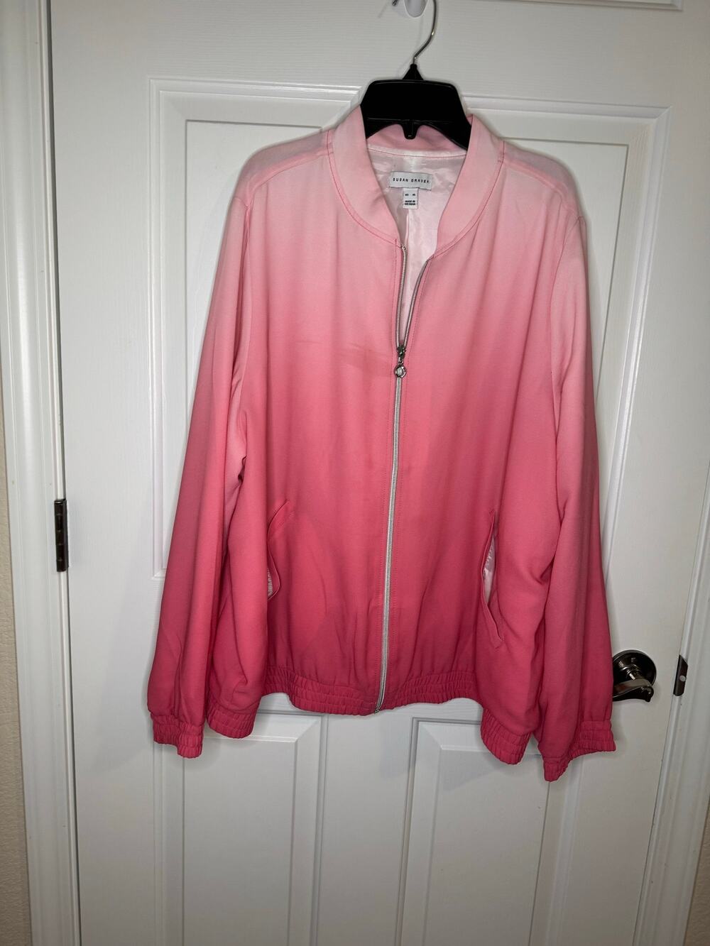 Susan Graver Ombré Printed Georgette Zip Front Bomber Jacket Pink XL